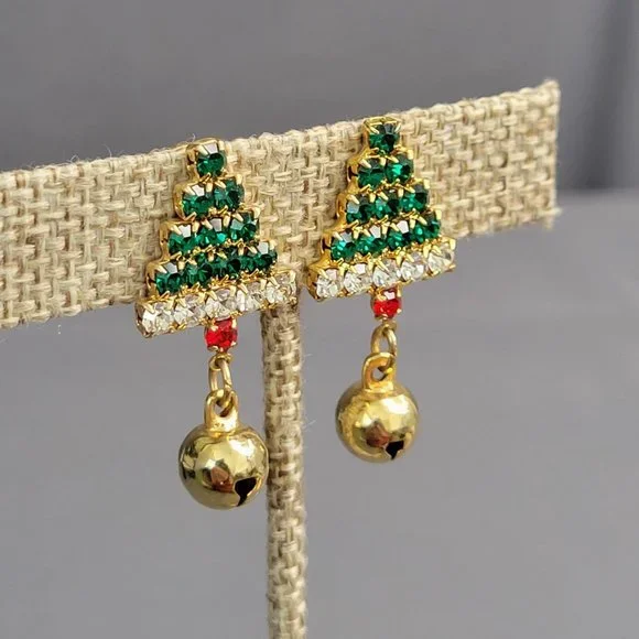 Womens Clip On Earrings Crystal Christmas Trees Gold Tone Accents Green Red 1 in - Picture 3 of 6